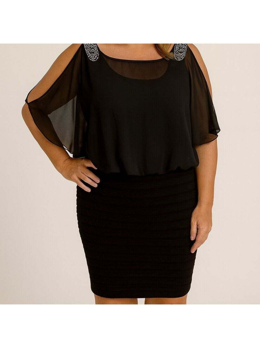 BA Nites Black Cocktail Dress 14 NWT Shoulder Jewels Party Glam Nightoutcore